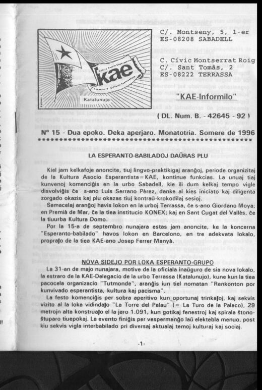 Portada del KAE-Informilo 2.ª época, n.º 15, verano de 1996.