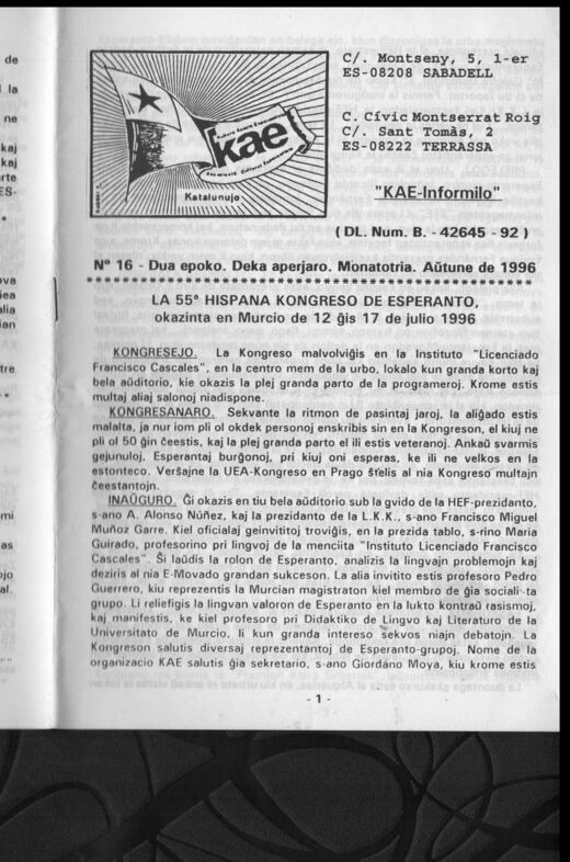 Portada del KAE-Informilo 2.ª época, n.º 16, otoño de 1996.