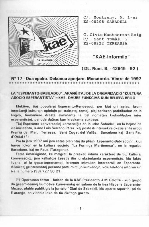 Portada del KAE-Informilo 2.ª época, n.º 17, invierno de 1997.