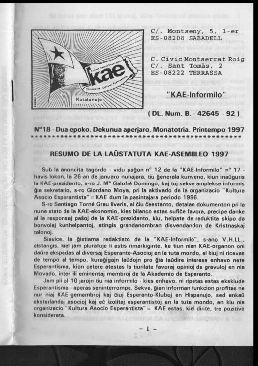 Portada del KAE-Informilo 2.ª época, n.º 18, primavera de 1997.