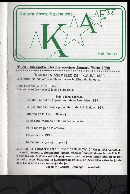 Portada del KAE-Informilo 2.ª época, n.º 20, enero-marzo de 1998.