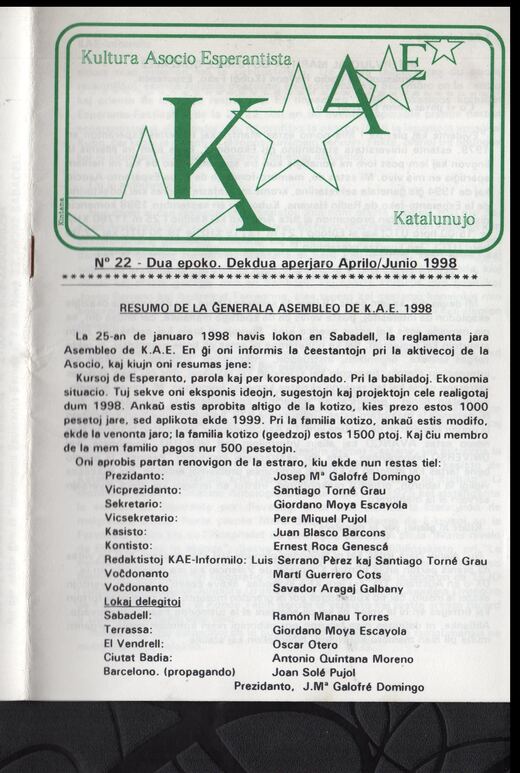 Portada del KAE-Informilo 2.ª época, n.º 22, abril-junio de 1998.