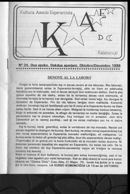 Portada del KAE-Informilo 2.ª época, n.º 24, octubre-diciembre de 1998.