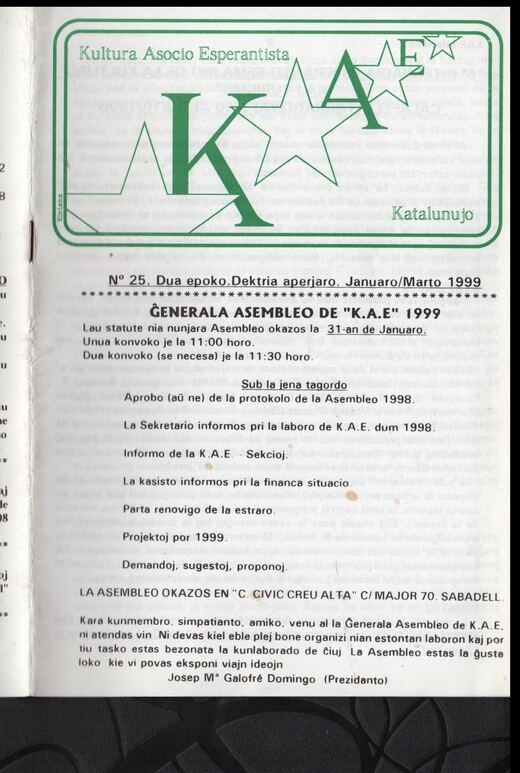 Portada del KAE-Informilo 2.ª época, n.º 25, enero-marzo de 1999.