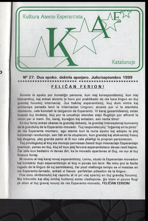 Portada del KAE-Informilo 2.ª época, n.º 27, julio-septiembre de 1999.