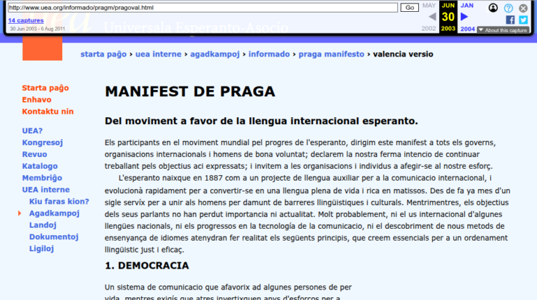 La versió valenciana del Manifest de Praga al web de la UEA, en la captura de l'Internet Archive del 30 de juny de 2003. La ruta de navegació diu «praga manifesto › valencia versio».