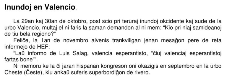 «Inundoj en Valencio», la nota del butlletí Nia Ponto, del grup esperantista de Bilbao, núm. 141 (octubre-desembre de 2024), p. 5.