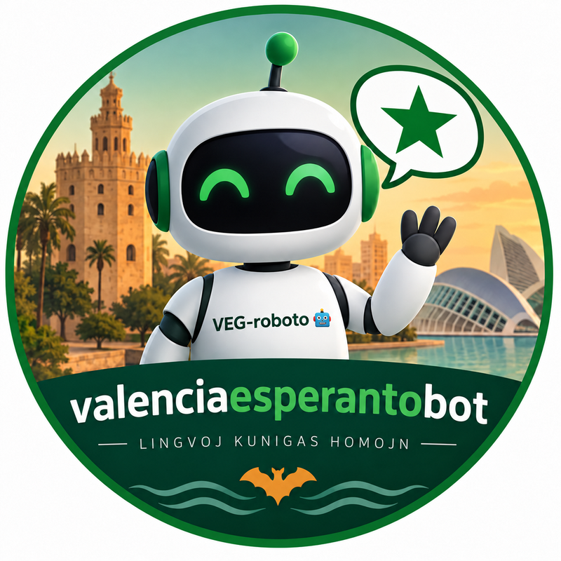 VEG-roboto: blanka roboto kun verdaj okuloj, kiu salutas antaŭ la Miguelete kaj la Urbo de Artoj kaj Sciencoj